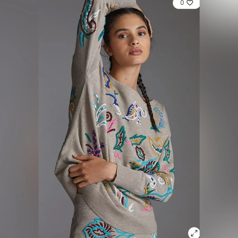 Anthropologie Embroidered Sweater  in Beige Size Large - Picture 4 of 17